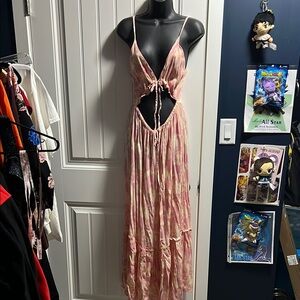 Pink Tie-Dye Maxi Dress with Cut-Outs